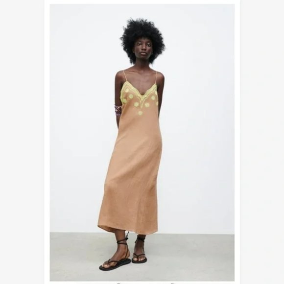 NWT Zara Embroidered Linen Slip Midi Dress size S - Picture 7 of 13
